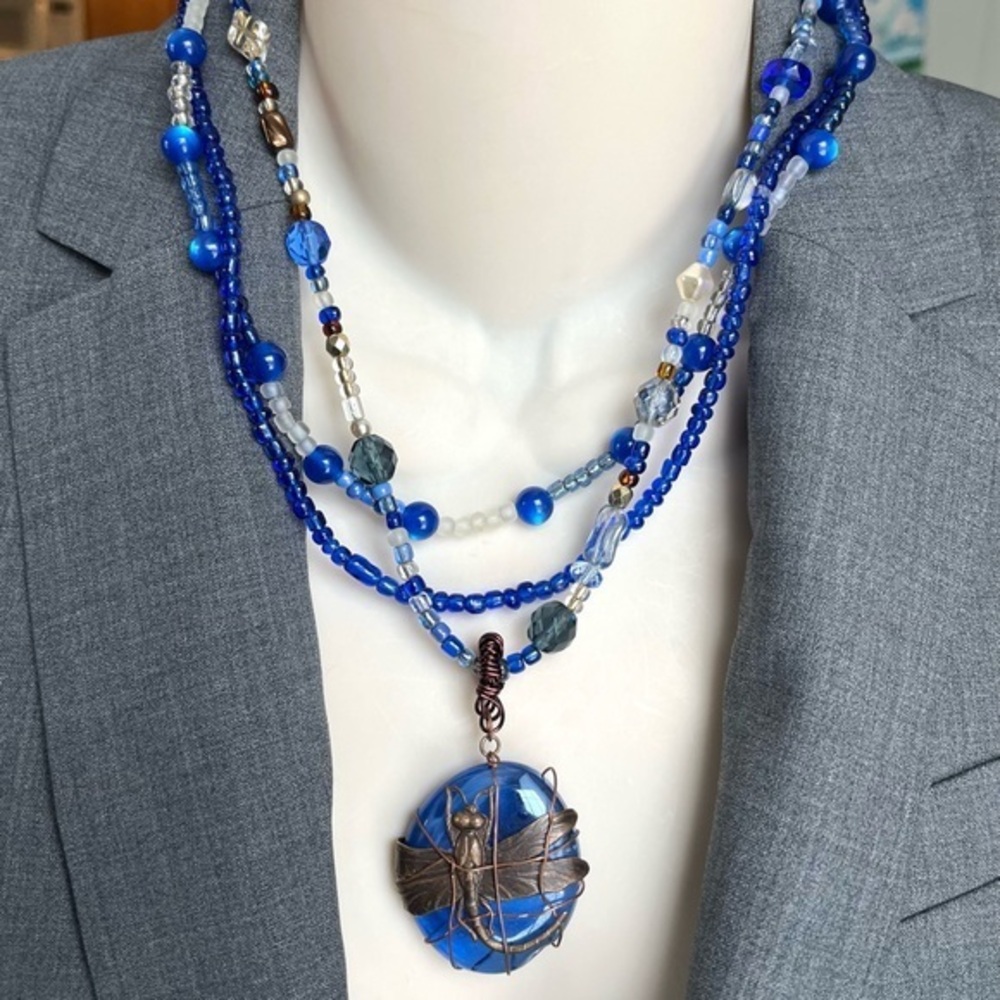 Handcrafted Cobalt Blue Multi Strand Beaded Necklace with Dragonfly Pendant